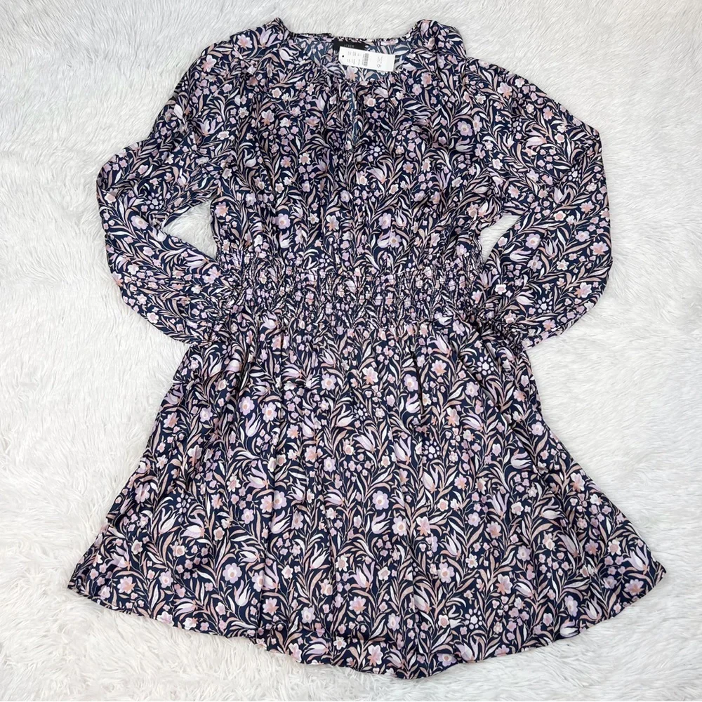J Crew long‎ sleeve ruffle V-neck mini dress in floral fields smocked waist